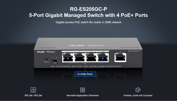 Ruijie Reyee RG-ES205GC-P, 5-Port Gigabit Smart Cloud Mananged PoE Switch