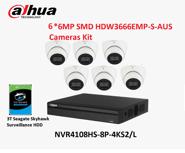 Dahua 6MP 8 Channel NVR Security 6 Camera KIT Turret DH-IPC-HDW3666EMP-S-AUS+3TB HDD